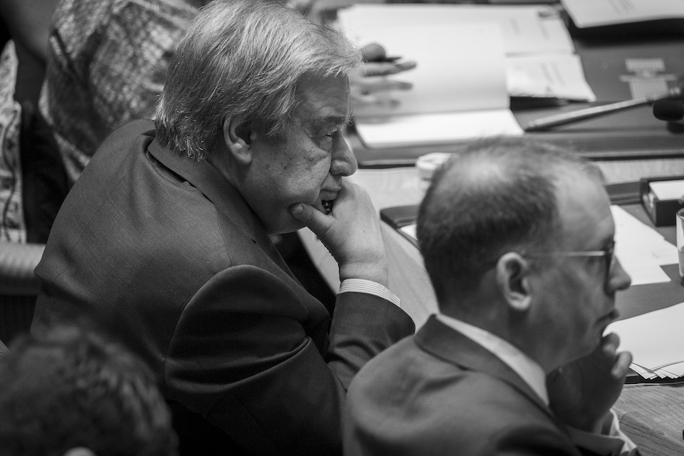 Secretary-General António Guterres (left) attends the Security Council debate on protection of civilians in armed conflict. (UN Photo)