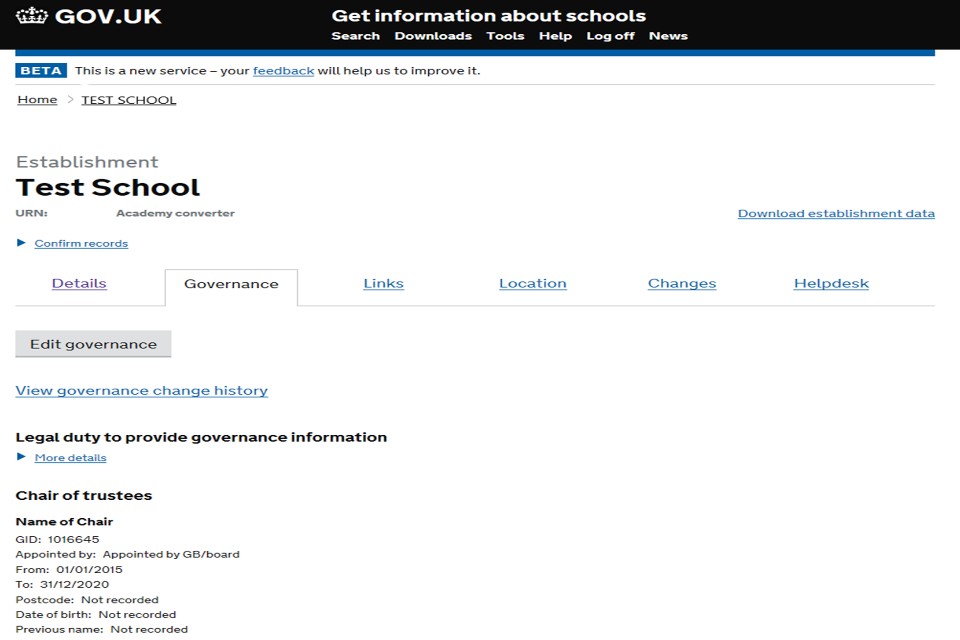 Image: Governance section of an example academy on Get information about schools