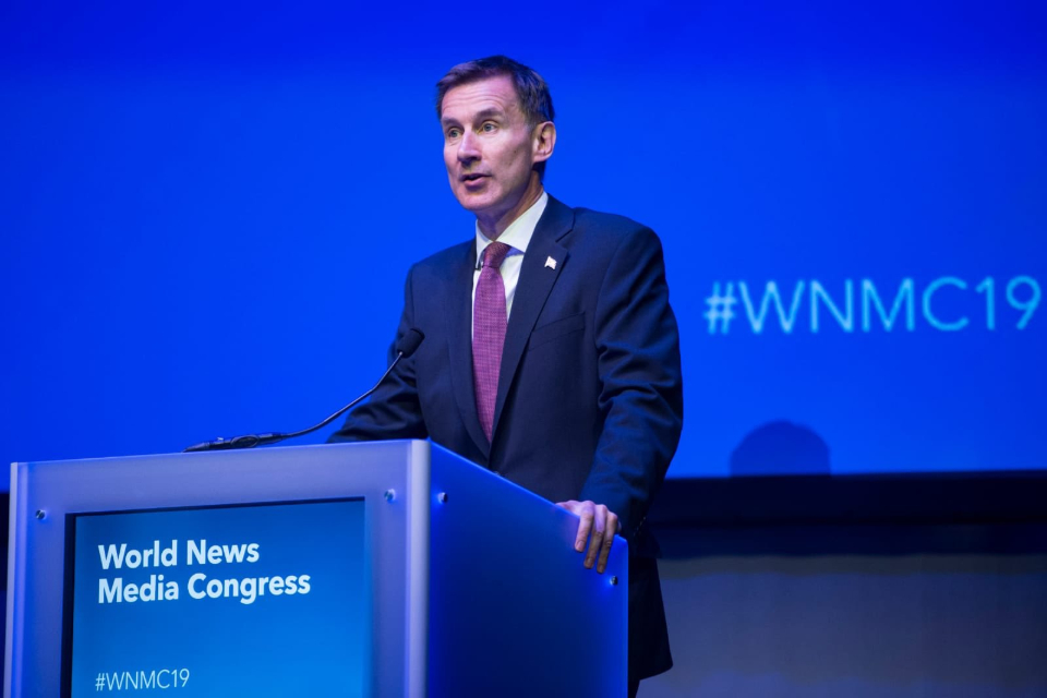 Jeremy Hunt speaking at the World News Media Congress in Glasgow
