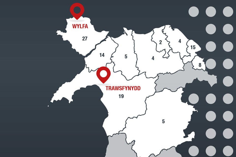 A map of North Wales, highlighting the NDA's 2 nuclear sites: Wylfa and Trawsfynydd