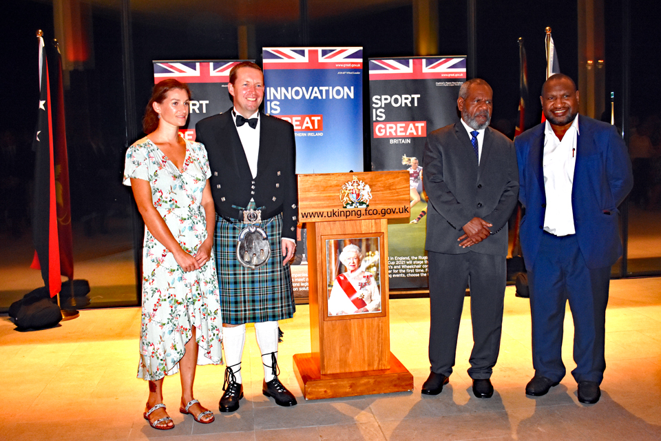 From Left: Wife of British High Commissioner to PNG Carly, with husband Keith Scott in his traditional Scottish kilt with PNG Governor General Sir Bod Dadae and Prime Minister James Marape during the Queen’s birthday celebration. 
