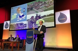 Sir James Bevan giving his opening speech to the Telford Flood and Coast Conference.