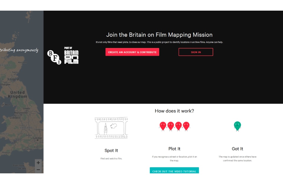 Screenshot of the BFI landing page asking people to 'Join the Britain on Film Mapping Mission'