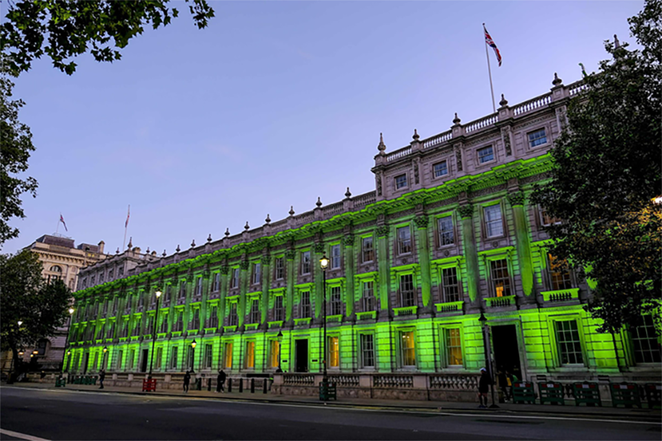 The Cabinet Office building on 70 Whitehall lit up in green for mental health awareness week, 13 May 2019.