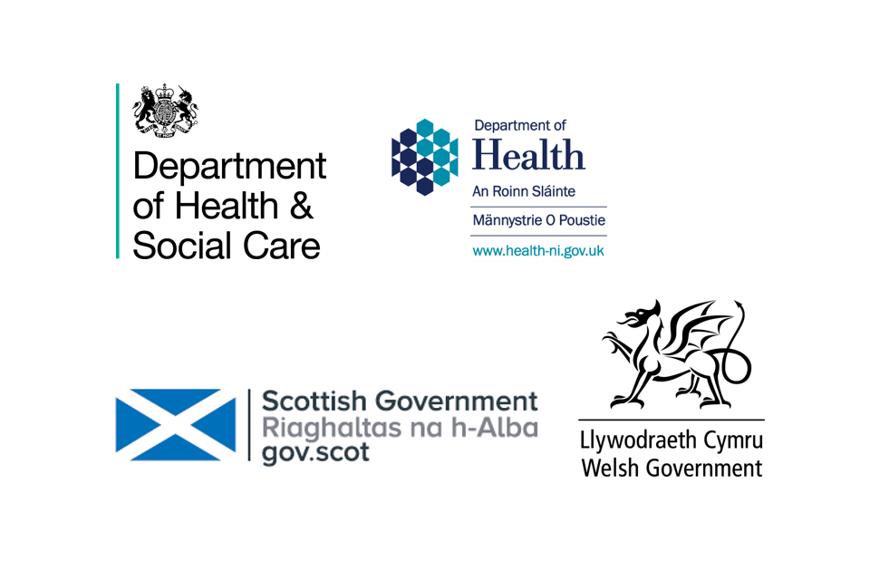 Logos for the Department of Health and Social Care (England), the Welsh Government, the Scottish Government and the Department of Health (Northern Ireland)