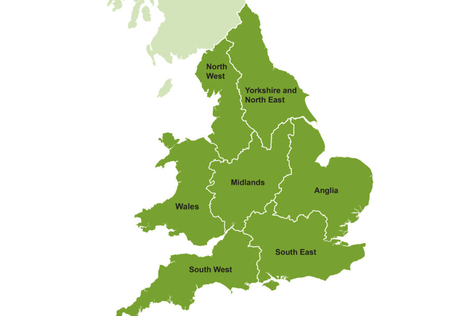 Map showing the different regions in England