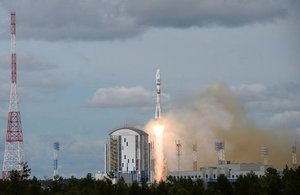 An image of the Roscosmos Soyuz rocket launching into space