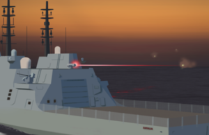 A Computer Generated Image illustrating the use of Directed Energy Weapons on a Type 26 Frigate