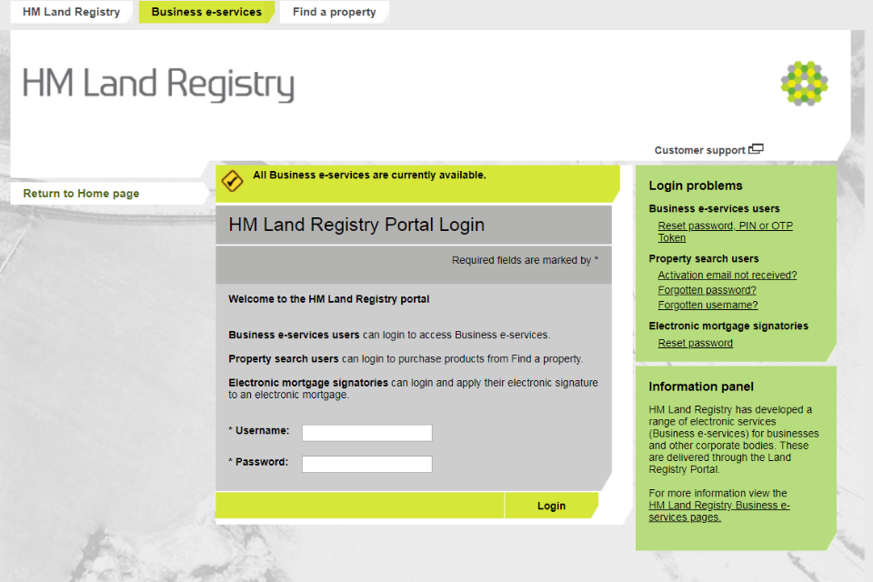 Screenshot of the HM Land Registry Portal login page