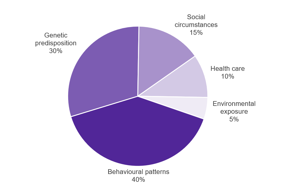 The contribution of health determinants to premature mortality from a study by McGinnis and others, 2002: behavioural patterns 40%, genetic predisposition 30%, social circumstances 15%, healthcare 10%, environmental exposure 5%.