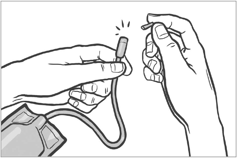 Drawing showing someone breaking the thin tip off the nozzle of the enema tube