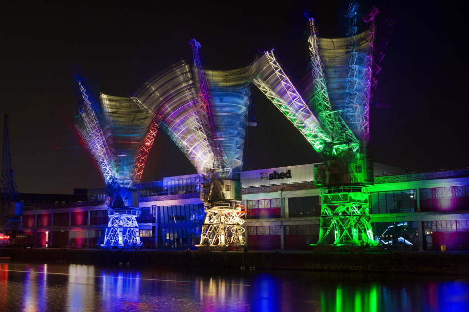 Illuminated port cranes shown in motion as part of the 'Crane Dance' event in Bristol (credit: Jon Rowley)