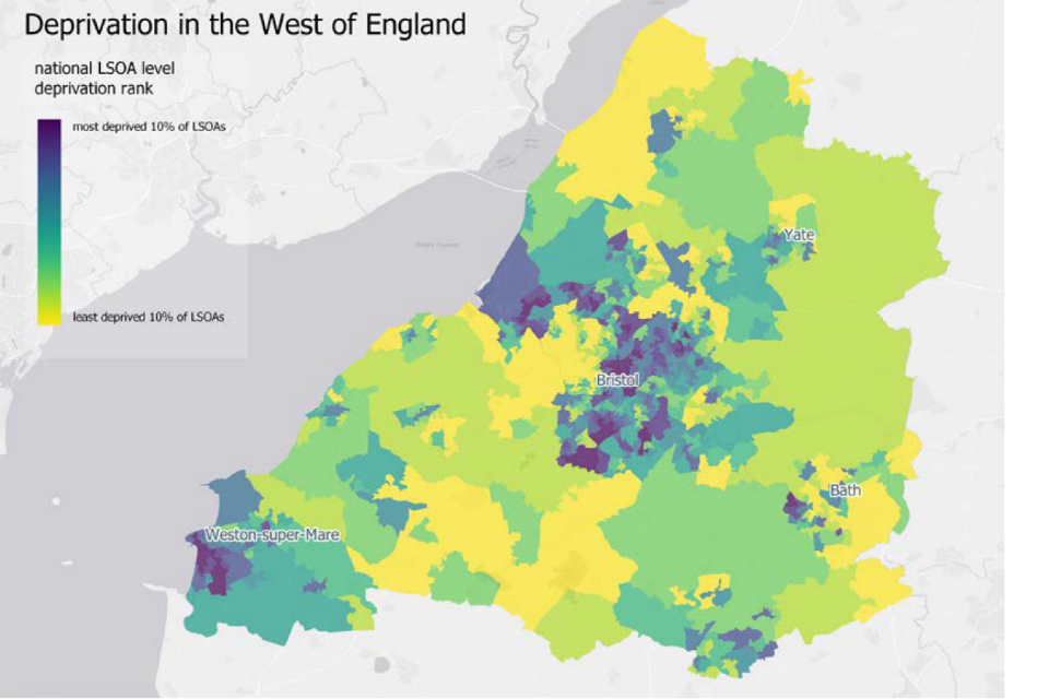 Map showing deprivation in the West of England (fig 4). It shoes the greatest levels of deprivation around Bristol and Weston-super Mare.