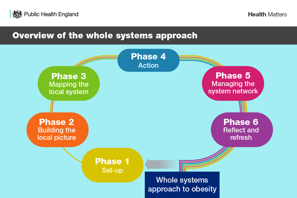 Overview of the whole systems approach - the 6-phase process. Phase 1 is set-up, phase 2 is building the local picture, phase 3 is mapping the local system, phase 4 is action, phase 5 is managing the system network and phase 6 is reflect and refresh.