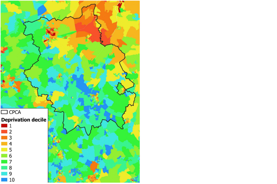 Heat map showing the index of multiple deprivation for Cambridgeshire and Peterborough.