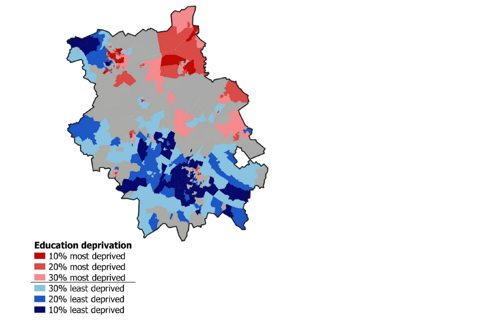Heat map showing education deprivation for Cambridgeshire and Peterborough.