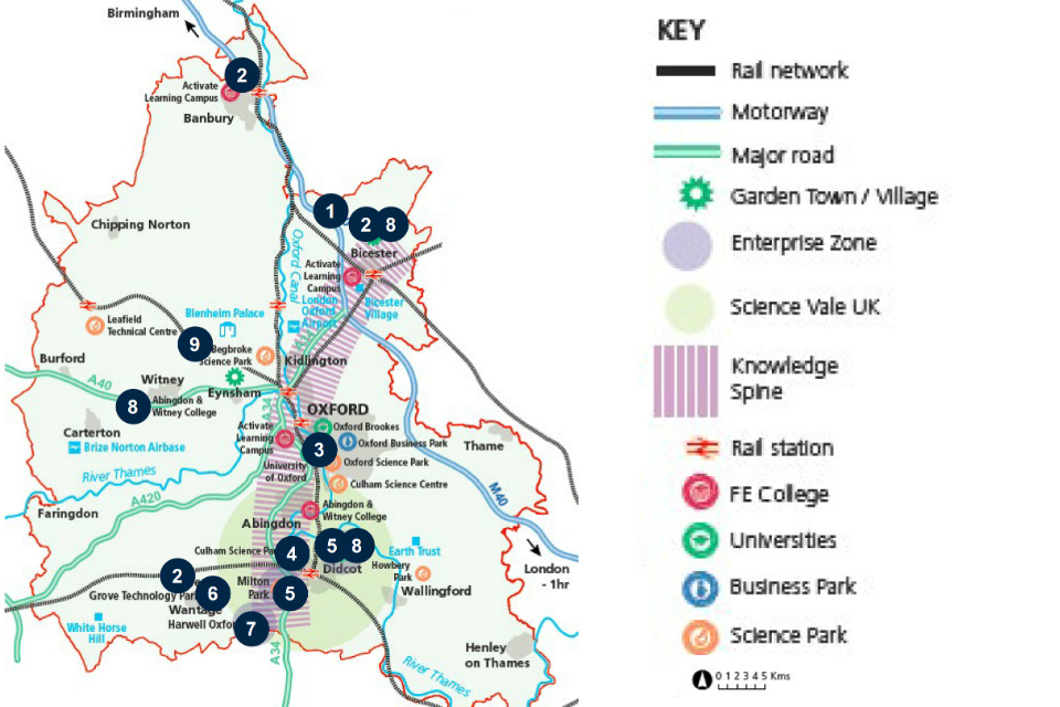 Map showing Oxfordshire’s critical economic sectors, assets and growth opportunities.