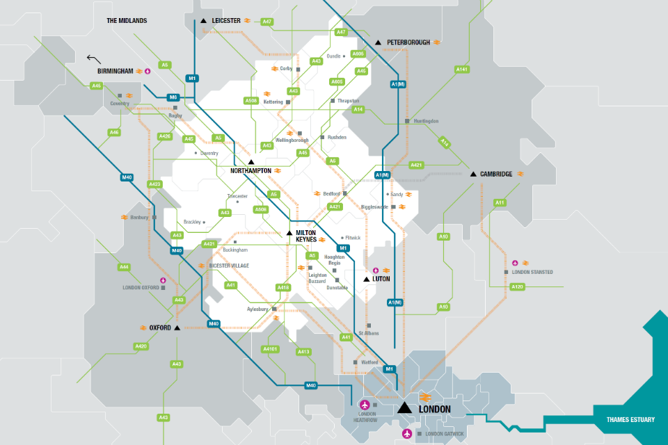 Map showing the infrastructure in the South East Midlands Local Enterprise Partnership area.