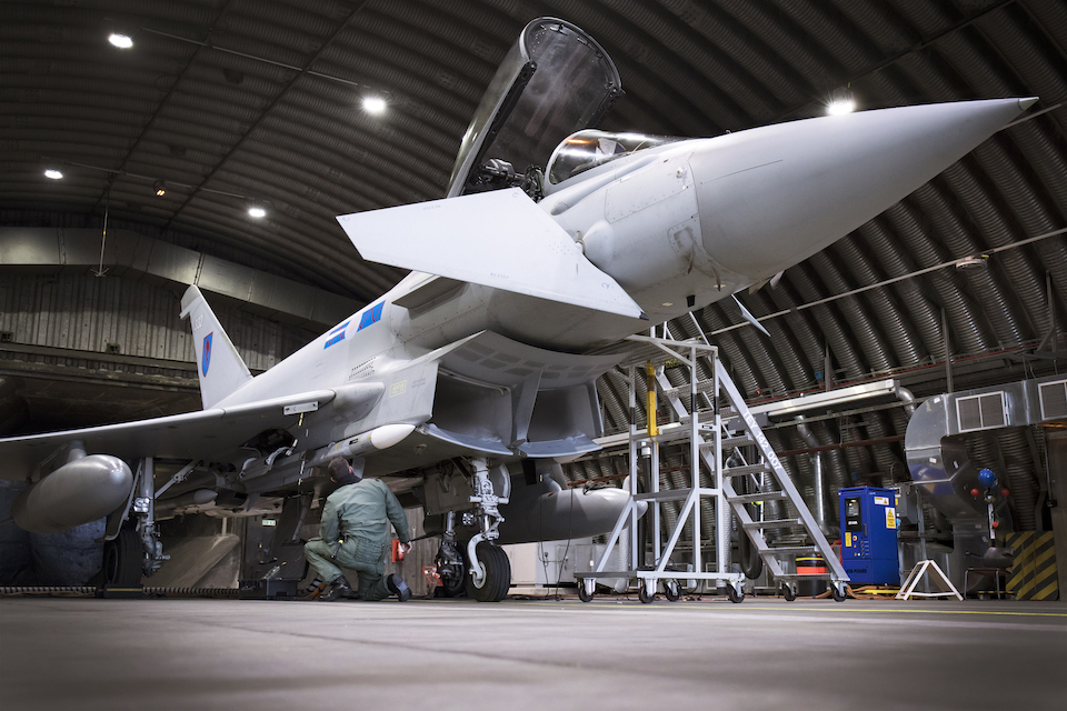 An RAF Typhoon being worked on. 