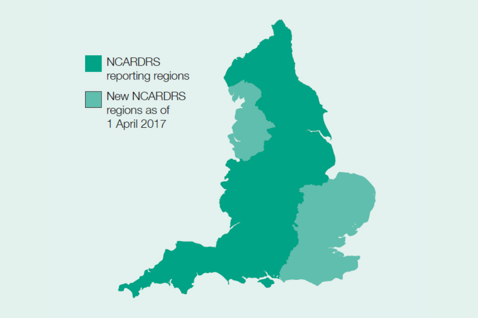Map of England showing 7 existing reporting NCARDRS regions 