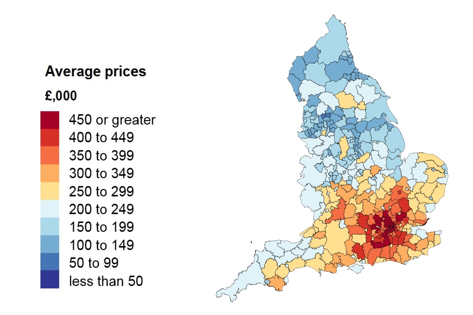 A heat map showing average price by local authority for England.