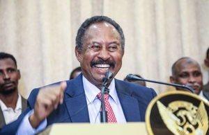 Member of Sudan's 'sovereign council' Abdullah Hamadok holds a press conference after swearing in ceremony at Presidential Palace in Khartoum, Sudan