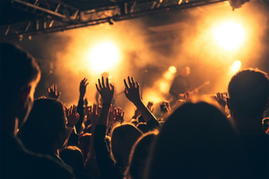 photograph: fans at an event, a band are on stage in the background.