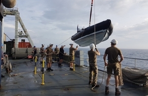 A rigid-hulled inflatable boat was deployed from RFA Mounts Bay this afternoon with vital aid.