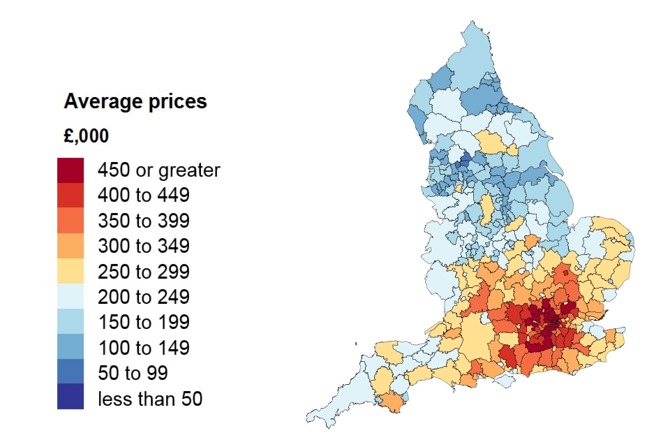 A heat map showing average price by local authority for England.