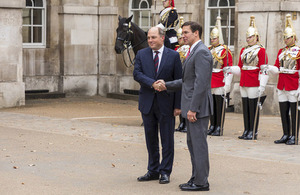 Defence Secretary Ben Wallace meets US Secretary of Defence Dr. Mark Esper outside Horse Guards.