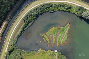An aerial image of the islands at RSPB Sandwell Valley