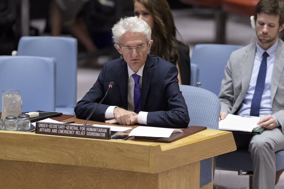 Mark Lowcock, Under-Secretary-General for Humanitarian Affairs and Emergency Relief Coordinator, briefs the Security Council meeting on the situation in the Middle East (Yemen). (UN Photo)