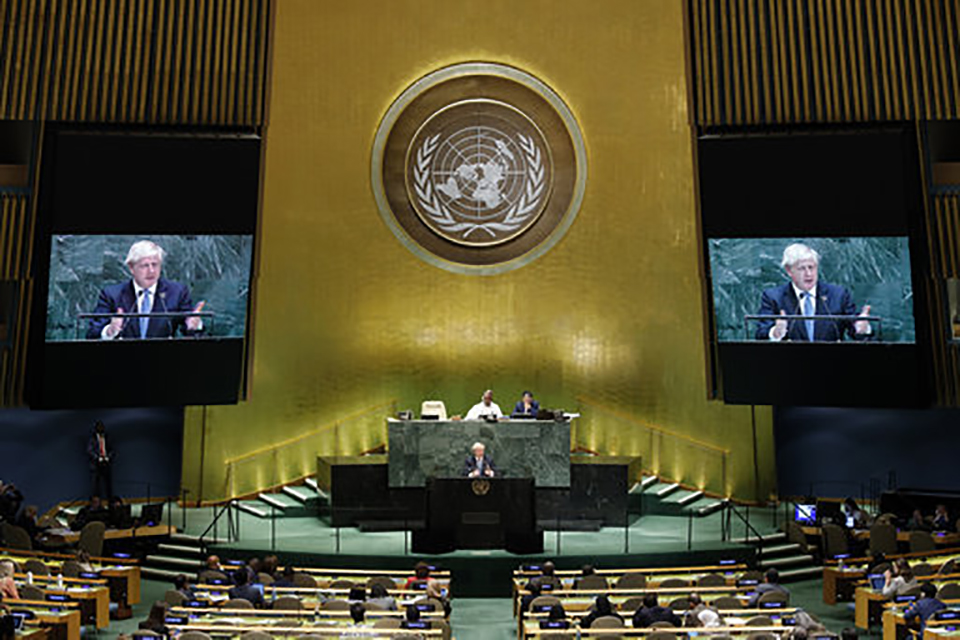 Wide shot of UN General Assembly during PM Boris Johnson's speech