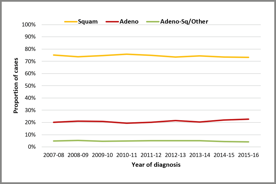 Line chart showing trends in the proportion of cervical cancer cases, by histological type