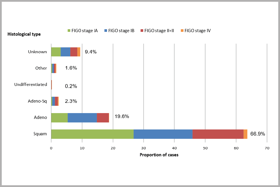 Bar chart showing proportion of cervical cancer cases diagnosed between April 2013 and March 2016, by histology and FIGO stage