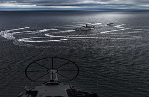 View of HMS Sutherland and HMS Hurworth manoeuvring during the opening stages of Joint Warrior.