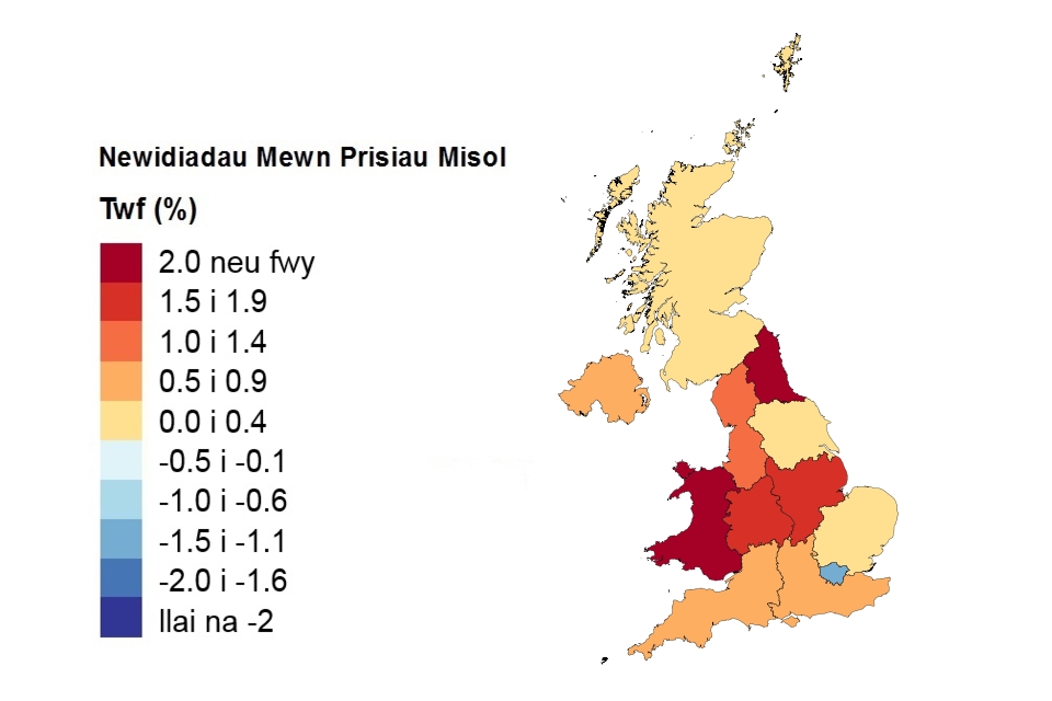 A heat map showing price changes by country and government office region (Welsh).