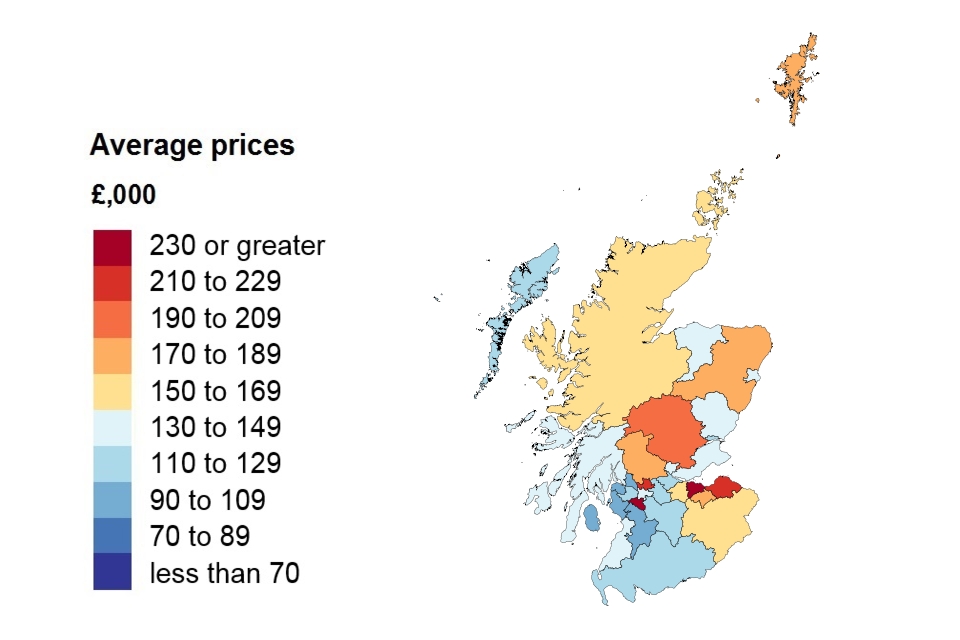 A heat map showing the average price by local authority for Scotland.