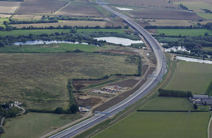 Aerial view of new A14 dual carriageway in Cambridgeshire