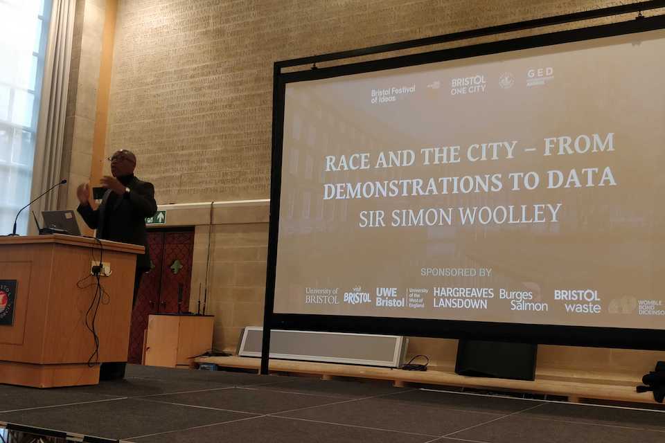 Sir Simon Woolley giving a speech at the 'Race and the City' conference in Bristol on 18 October 2019