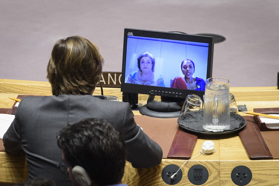 Hanna Serwaa Tette, Special Representative of the Secretary-General to the AU and Fatima Kyari Mohammed, Permanent Observer of the AU to the United Nations, brief the Security Council (UN Photo)