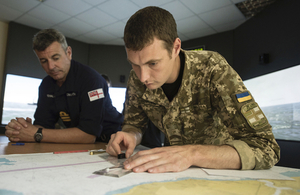 A Royal Navy training team works with Ukrainian instructors and recruits to train them in ship navigation, firefighting and damage repair.