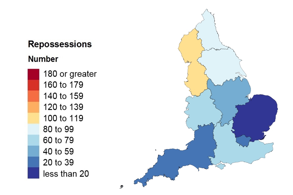A heat map showing repossessions in England.