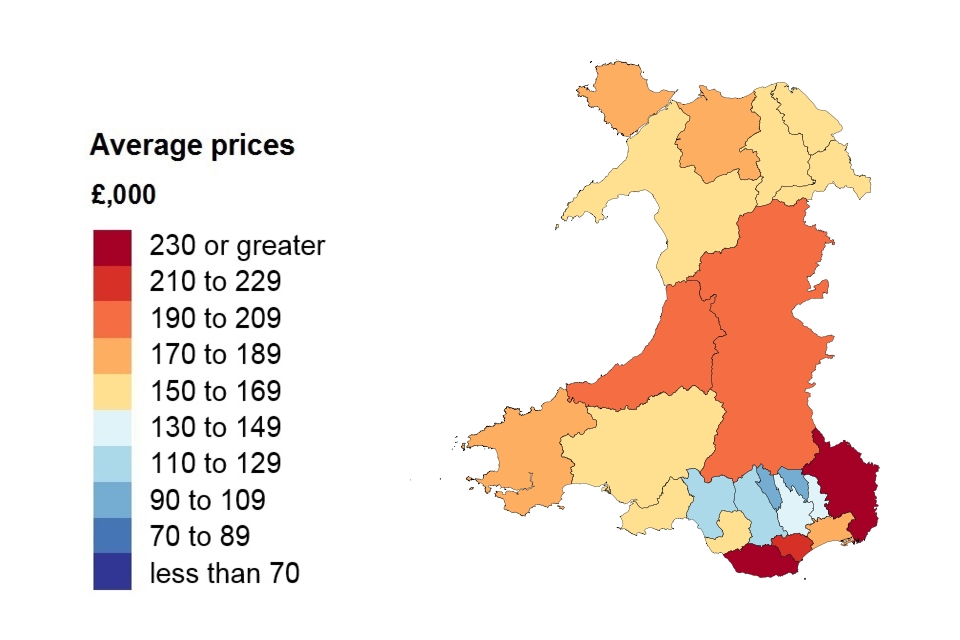 A heat map showing the average price by local authority for Wales.