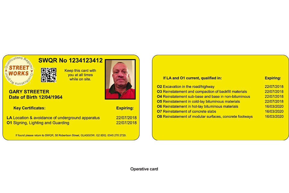 Visual image of the operative card which is yellow and includes LA and S01 to S08 requirements and expiry dates.
