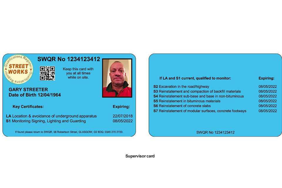 Visual image of the supervisors card which is light blue and includes LA and S01 to S07 requirements and expiry dates.