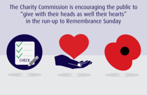 A checklist, a heart and a Poppy. It has text which says "The Charity Commission is encouraging the public to give with their heads as well as their hearts in the run up to Remembrance Sunday".