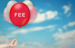 Images of a hand holding balloons and the central red balloon has the word 'Fee'