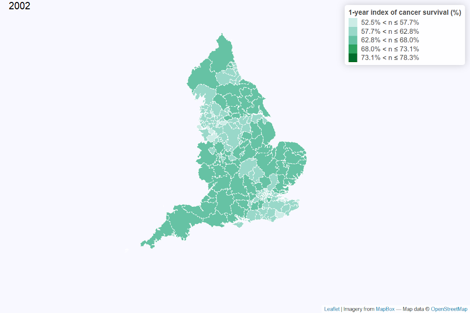 Map of the one-year index of cancer survival for Clinical Commissioning Groups (CCG) in England 2002