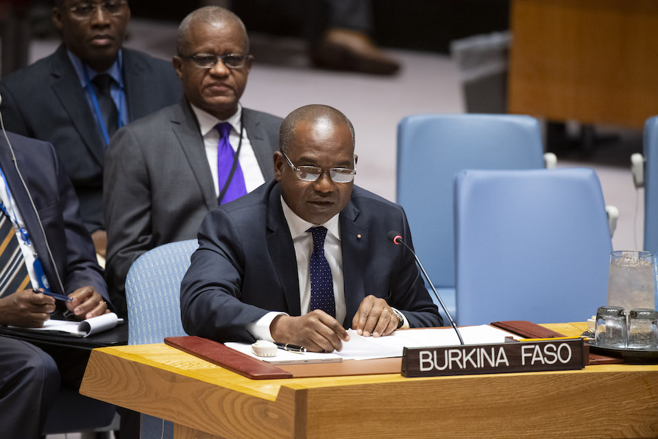 Alpha Barry, Minister for Foreign Affairs and International Cooperation of Burkina Faso, addresses the Security Council meeting on Peace and Security in Africa and the Joint Force of the Group of Five for the Sahel. (UN Photo)